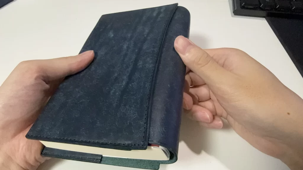 新書に本革ブックカバーを装着し手に持っている写真